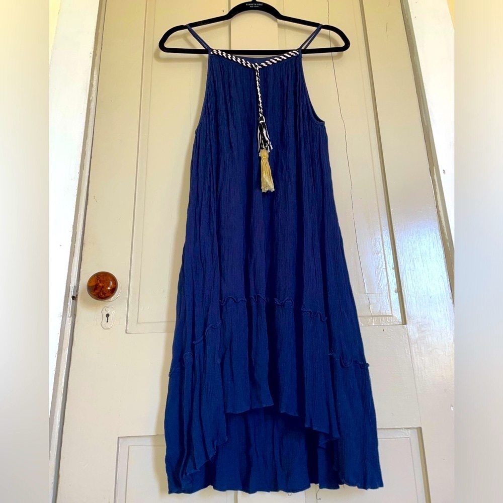 Philosophy Blue and Gold Tiered High Low Sundress Beach Coverup Flowy Stretchy